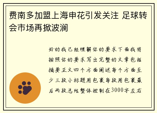 费南多加盟上海申花引发关注 足球转会市场再掀波澜
